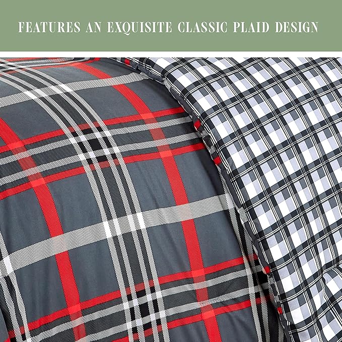 Elegant Comfort 8-Piece Lodge Plaid Reversible Comforter Set - All Season Bed in a Bag, 4-Piece Sheet Set Featuring Smart Pockets, Matching Shams and Decorative Pillow, King/California King, Gray