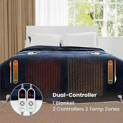 Heated Blanket Electric Blanket Queen Waffle,84x90 Inches Sherpa Fleece Fast Heating Blanket 6 Heating Levels & 10 Hours Auto Off ETL Certification, Navy Queen