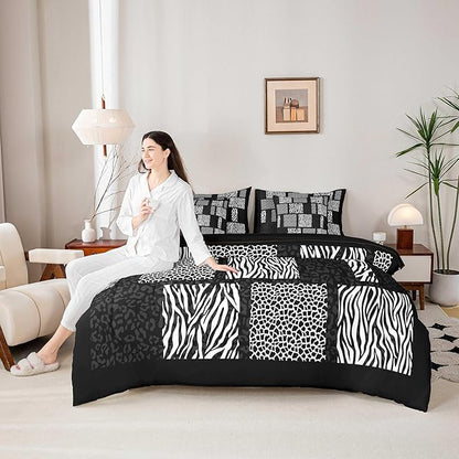 Wildlife Animal Fur Print Comforter Set Queen Size,Leopard Cheetah Zebra Skin 7Pcs Bed in a Bag with Comforter,Sheets and Pillow Cases,3D Patchwork Texture Bed Sets for Women Adults Bedroom Decor