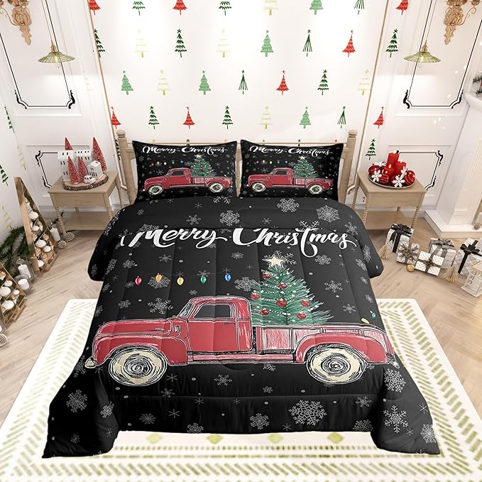 Castle Fairy Merry Christmas Theme Kids Comforter Set King,Xmas Tree Red Truck Snowflake Watercolor Graffiti Print Bedding Set for Teenager Bedrrom Decor,Farmhouse Vintage Rustic Quilt 3 Pcs