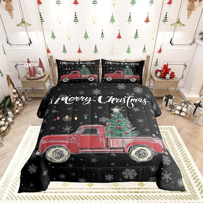 Castle Fairy Merry Christmas Theme Kids Comforter Set Queen,Xmas Tree Red Truck Snowflake Watercolor Graffiti Print Bedding Set for Men Women Adults Bedrrom Decor,Farmhouse Vintage Rustic Quilt 3 Pcs