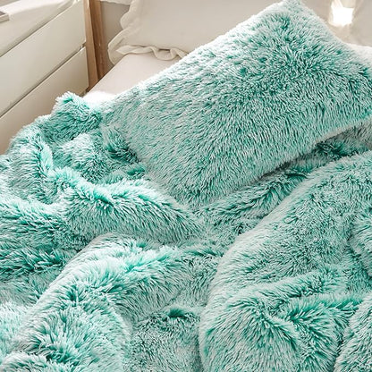 Luxury Faux Fur Shaggy Comforter Set Full/Queen Size, Plush & Sherpa Reversible Comforter Teal with White, 3-Piece Fluffy Fuzzy Bedding Set Ultra Soft and Warm for Winter (1 Comforter + 2 Pillowcases)