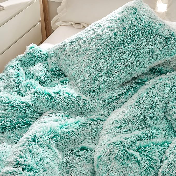 Luxury Faux Fur Shaggy Comforter Set King Size, Plush & Sherpa Reversible Comforter Teal with White, 3 Pieces Fluffy Fuzzy Bedding Set Ultra Soft and Warm for Winter (1 Comforter + 2 Pillowcases)
