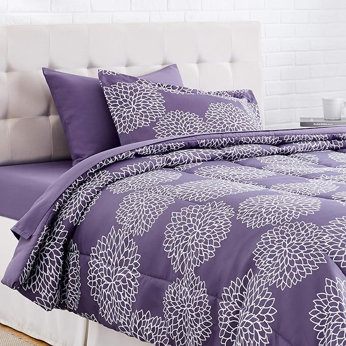 Amazon Basics 5-Piece Lightweight Microfiber Comforter Set with Sheets, Bed-in-a-Bag, Purple Floral Bedding, Twin/Twin XL