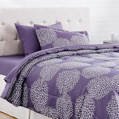 Amazon Basics 5-Piece Lightweight Microfiber Comforter Set with Sheets, Bed-in-a-Bag, Purple Floral Bedding, Twin/Twin XL