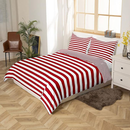 Girl Stripe Comforter Set Twin Size Red White Ticking Stripes Bedding Set Bedroom Decor Horizontal Striped Lines Reversible Down Comforter for Kids Women Modern Abstract Soft Lightweight Duvet Set