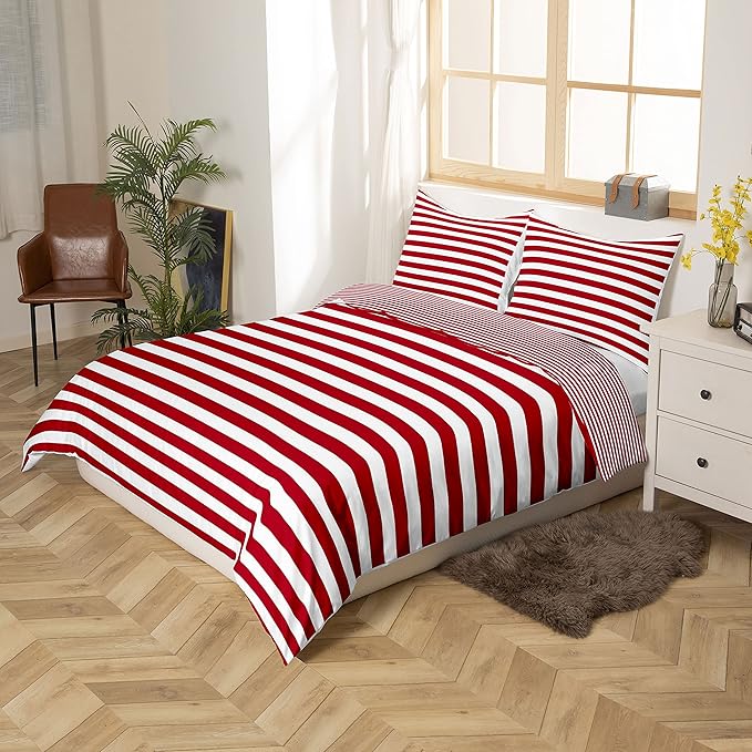 Girl Stripe Comforter Set Full Size Red White Ticking Stripes Bedding Set Bedroom Decor Horizontal Striped Lines Reversible Down Comforter for Kids Women Modern Abstract Soft Lightweight Duvet Set