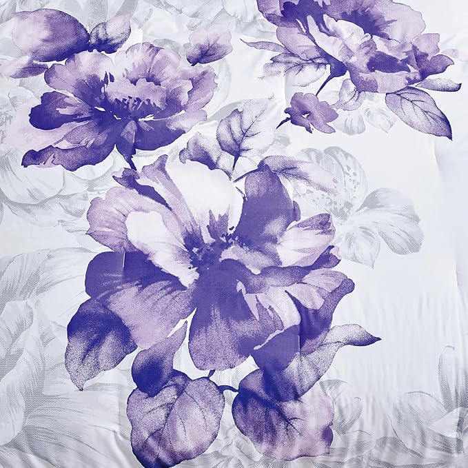 Sunshine Nicole Soft Brushed Microfiber Comforter Set, 7 Pieces King, with Light Weight Soft Poly Fill, Printed Dark Purple Big Florals Face with Print Reverse