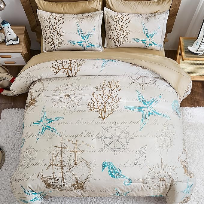 Comforter Set King Size Coastal, Beach Themed Comforters,7 Pieces Ocean Starfish Bed in a Bag Nautical Bedding with Sheets for Spring Summer