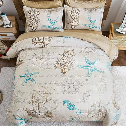 Comforter Set King Size Coastal, Beach Themed Comforters,7 Pieces Ocean Starfish Bed in a Bag Nautical Bedding with Sheets for Spring Summer