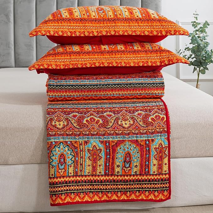 BEDIFANY Cotton Quilts Queen Size Set - Lightweight Bedspreads Queen Size - Soft Colorful Orange Quilted Quilt Bedding Sets (90 * 98 Inch) with 2 Pillow Shams for Bed Decoration Coverlet, 3 Pieces