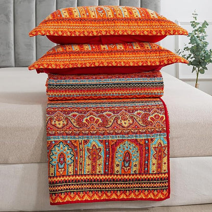 BEDIFANY Cotton Quilts Queen Size Set - Lightweight Bedspreads Queen Size - Soft Colorful Orange Quilted Quilt Bedding Sets (90 * 98 Inch) with 2 Pillow Shams for Bed Decoration Coverlet, 3 Pieces