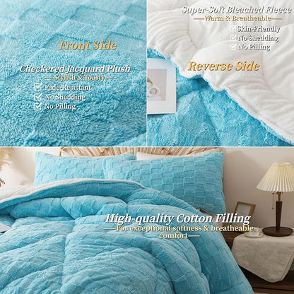ELNIDO QUEEN® Fluffy Comforter Set Queen, Light Blue Winter Fleece Comforter Ultra Soft & Extra Pluffy Plush Comforter Set, Cozy Fuzzy Bed Comforter 3 Pieces (1Comforter, 2 Pillowcases),92x88 inch