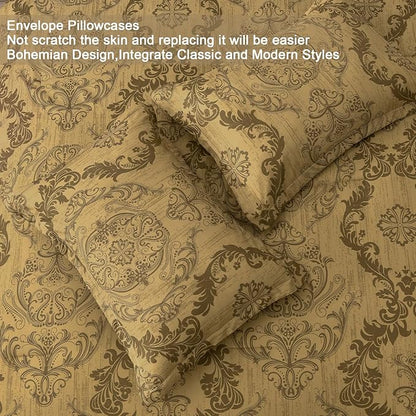 WONGS BEDDING Gold Comforter Set Queen Size, Damask Texture Design 7 Pieces Bed in a Bag Microfiber Comforter Bedding Sets -1 Comforter, 1 Flat Sheet, 1 Fitted Sheet, 2 Pillow Shams, 2 Pillowcases