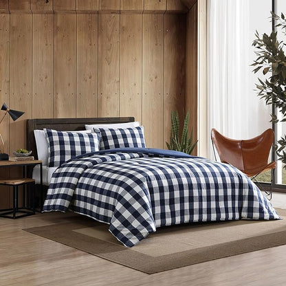 Eddie Bauer - Queen Comforter Set, Reversible Cotton Bedding with Matching Shams, Stylish Plaid Home Decor (Lakehouse Blue, Queen)
