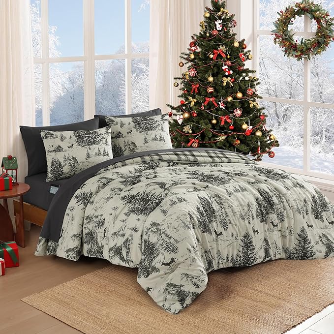 MaiRêve Christmas Full Comforter Sets, Grey Reindeer Tree Bed Set for Holiday, Reversible Gray Plaid Comforter Bed in a Bag, Soft Bedding Set 7 Pieces with Sheets, Pillowcases & Shams