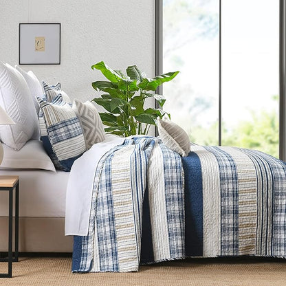 Homzard California King Size Comforter Set,100% Cotton Oversized Plaid Striped California Quilt Set, Blue White Tan Bedding Sets (118 * 106 Inch) with 2 Pillow Shams, Farmhouse Reversible Bedspread