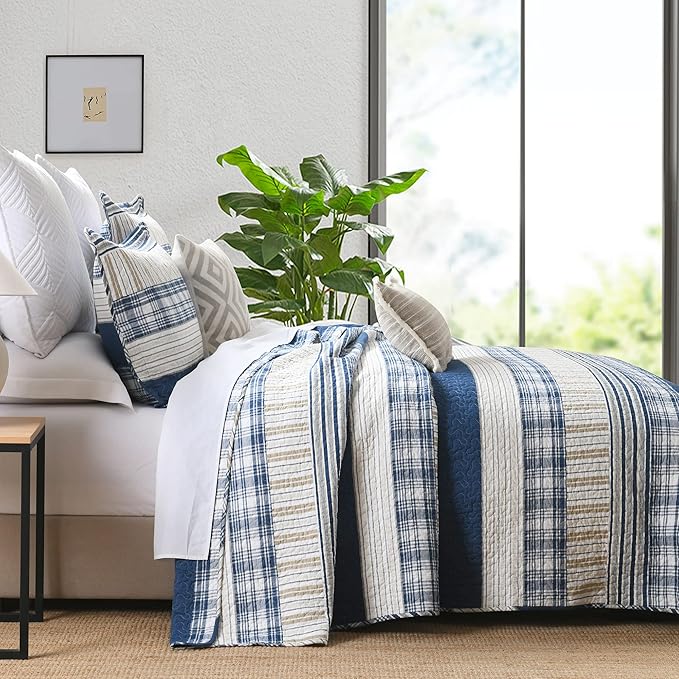 Homzard King Size Comforter Set - 100% Cotton Blue White Tan Quilt King Size,Farmhouse Plaid Striped Bedspread Set,Reversible Lightweight Quilts 3 Pieces