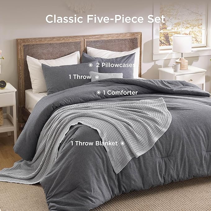 Bedsure 5 Pieces Cotton Comforter Set with Waffle Throw Blanket - Soft Breathable Bedding Set for All Seasons, Dark Grey Queen Comforter, Pillow Shams, Grey 100% Cotton Blanket, Throw Pillow