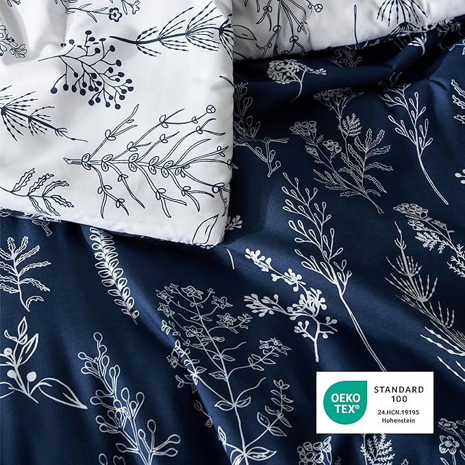 Bedsure King Comforter Set - Navy Bed Set, 3 Pieces Cute Floral Bedding, 1 Soft Reversible Botanical Flowers Comforter and 2 Pillow Shams