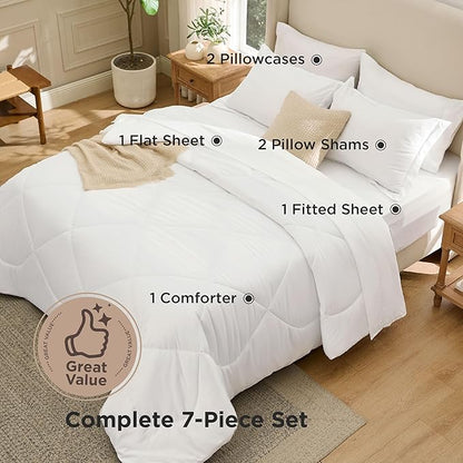 Bedsure 7 Pieces King Comforter Set Premium Series, Hotel Luxury Soft Bed in a Bag, Goose Down Alternative, Safe for Sensitive Skin Bedding Comforter All Season Medium Warmth, White Wavy Quilted