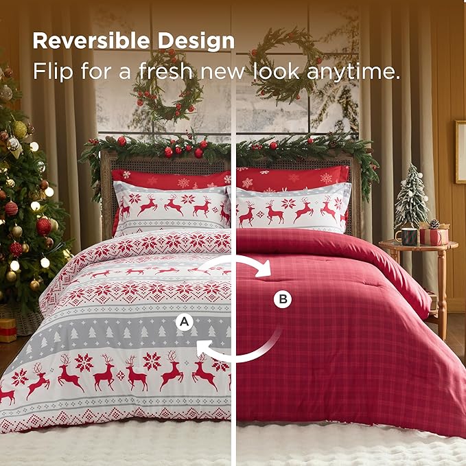 Bedsure Christmas Twin Comforter Set - 4 Pieces Christmas Twin Bedding Set, Bed in a Bag with 1 Soft Reindeer Reversible Comforter, 1 Pillow Sham, 1 Throw Blanket and 1 Decorative