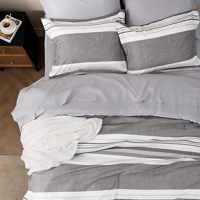 Bedsure King Comforter Set 7 Pieces, Frost Grey Striped Bedding Set for All Seasons, Reversible, Cationic Dyeing Bed in a Bag with Comforter, Sheets, Pillowcases & Shams