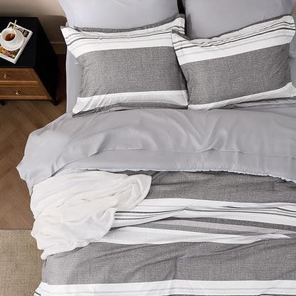 Bedsure King Comforter Set 7 Pieces, Frost Grey Striped Bedding Set for All Seasons, Reversible, Cationic Dyeing Bed in a Bag with Comforter, Sheets, Pillowcases & Shams