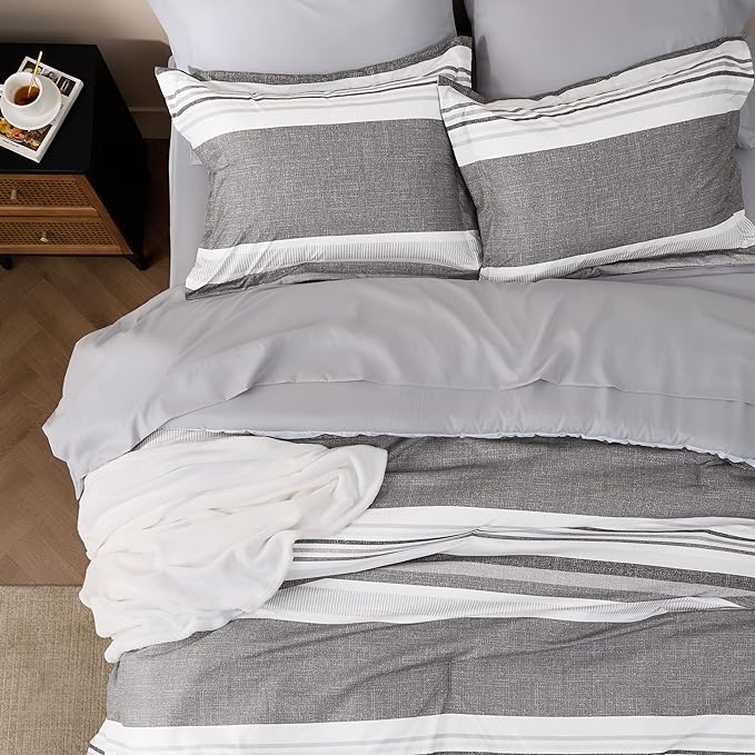 Bedsure Full Comforter Set 7 Pieces, Frost Grey Striped Bedding Set for All Seasons, Reversible, Cationic Dyeing Bed in a Bag with Comforter, Sheets, Pillowcases & Shams