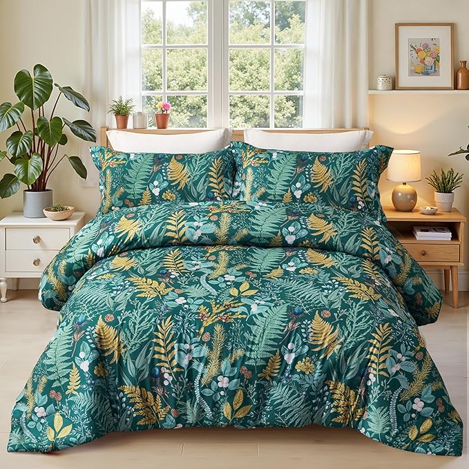 Queen Comforter Set - 3 Pieces Botanical Bedding Comforter Set, 1 Soft Dark Green Plant Flowers Comforter (90"x90") and 2 Pillow Shams(20"x26") Ultra-Soft Comfort Suitable for All Seasons