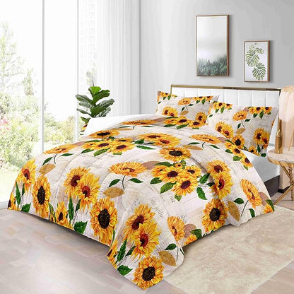 Watercolor Sunflower Comforter Set with 2 Pillowcases King Size Spring Floral Quilt Bedding Set with 1 Comforter and 2 Pillow Covers for Bedroom Dormroom All Season
