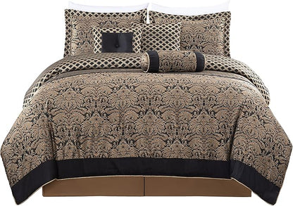 Chezmoi Collection 7-Piece Black/Gold Diamond Floral Medallion Jacquard Woven Comforter Set, Queen
