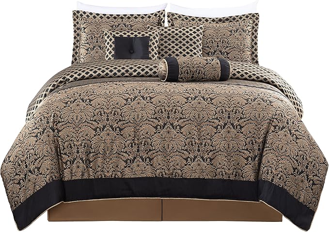Chezmoi Collection 7-Piece Black/Gold Diamond Floral Medallion Jacquard Woven Comforter Set, King
