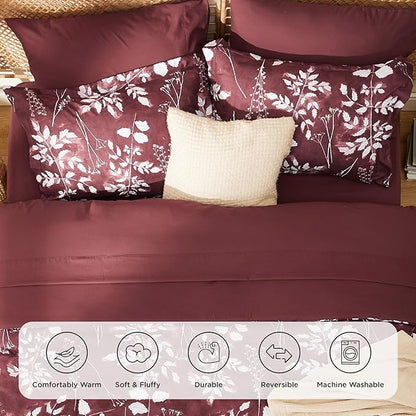 Bedsure Full Size Comforter Set - 7 Pieces Floral Burgundy Soft Bedding Sets, Full Bed in a Bag with Botanical Flowers Comforter, Sheets, Pillowcases & Shams