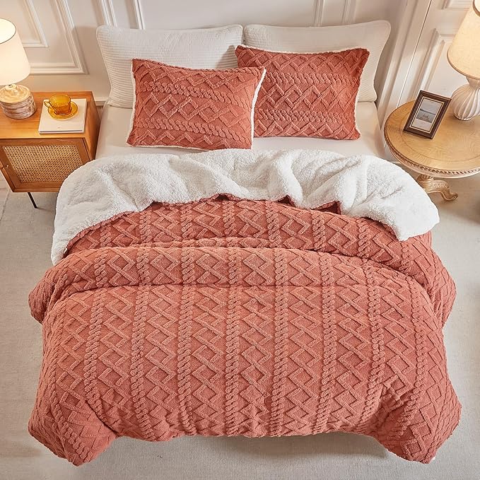 Joyreap 3-Piece Fluffy Faux Fur Sherpa Comforter Set, Queen Size Brownish Red Luxury Tufted Bedding Comforter Set, All Season Soft n Cozy Plush Comforter Bed Set- 88x88 inches