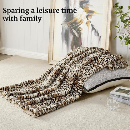 JONIYEAR Cozy Fluffy Brown Cheetah Faux Rabbit Fur Throw Blanket 50" x 60", Decorative Thick Fuzzy Leopard Lap Blankets for Women, Soft Plush Animal Print Warrm Shaggy Furry Blanket for Winter, Beige