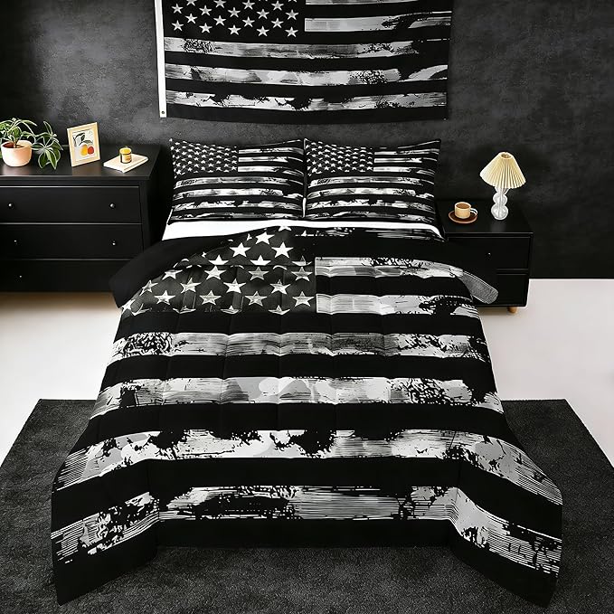 Erosebridal Boys Camouflage Comforter Set King Size,Retro American Flag Black Camo Bedding Set for Men,Army Black Camo Abstract Comforter Sets for Camoflage Fan,USA Soldier Quilt with 2 Pillowcases
