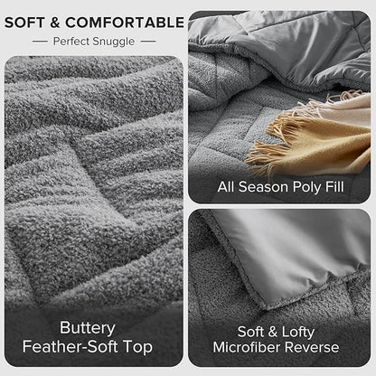 Comfort Spaces King Comforter Set Reversible Feather-Soft Plush Comforters for King Size Bed All Season Lightweight Shearling Fleece Sherpa Comforter King Size Bed Set, King/Cal King, Grey 3 Piece