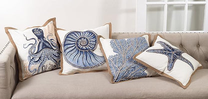 SARO LIFESTYLE Neptunian Coastal Throw Pillow – 20” x 20”, Woven Cotton Cover with Jute Trim, Zipper Closure, Down & Feather Insert – Starfish, Navy Blue