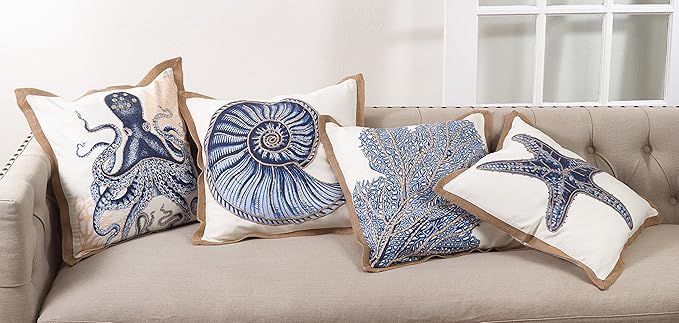 SARO LIFESTYLE Neptunian Coastal Throw Pillow – 20” x 20”, Woven Cotton Cover with Jute Trim, Zipper Closure, Down & Feather Insert – Coral Fan, Navy Blue