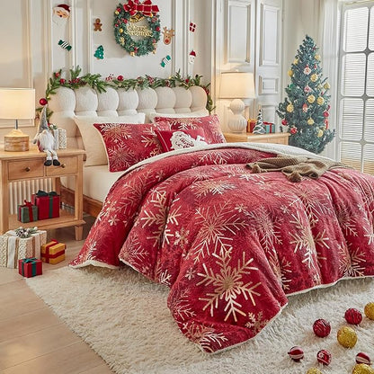 Christmas Sherpa Comforter Set Queen Size 3 Pieces Holiday Red Winter Bedding Microfiber Warm Fleece Comforter with 2 Pillow Shams - Thanksgiving New Year Gift Choice with Gradient Golden Snowflake