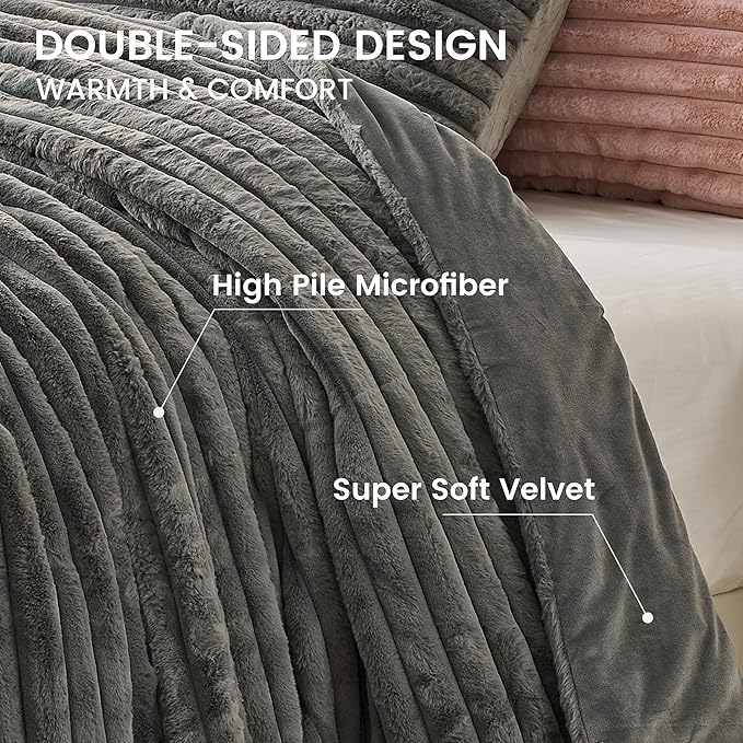Simple&Opulence Fluffy Faux Fur Comforter Set, Plush Fuzzy Minky Bedding Set, 3 Pieces Warm Soft Comforter Bedding Set for Winter - 1 Shaggy Comforter with 2 Pillow Shams(King, Striped - Dark Grey)