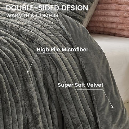 Simple&Opulence Fluffy Faux Fur Comforter Set, Plush Fuzzy Minky Bedding Set, 3 Pieces Warm Soft Comforter Bedding Set for Winter - 1 Shaggy Comforter with 2 Pillow Shams(King, Striped - Dark Grey)