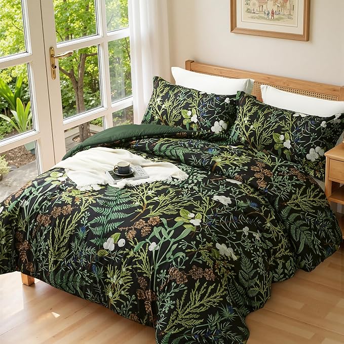King Comforter Set - 3 Pieces Botanical Bedding Comforter Set, 1 Soft Green Plant Flowers Comforter (104"x90") and 2 Pillow Shams(20"x36") Ultra-Soft Comfort Suitable for All Seasons