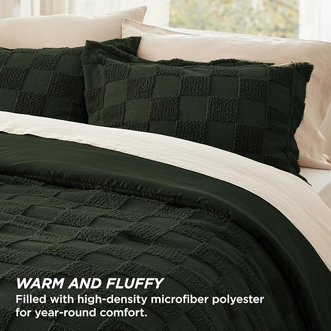 Bedsure Full Size Comforter Set Dark Olive Green, Boho Tufted Bed Set, Checkered Farmhouse Shabby Chic Bedding, 3 Pieces, 1 Plaid Geometric Comforter and 2 Pillow Shams