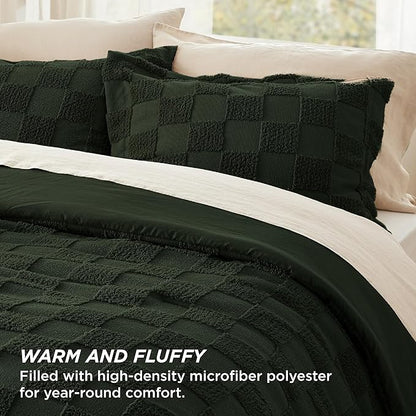 Bedsure Queen Size Comforter Set Dark Olive Green, Boho Tufted Bed Set, Checkered Farmhouse Shabby Chic Bedding, 3 Pieces, 1 Plaid Geometric Comforter and 2 Pillow Shams