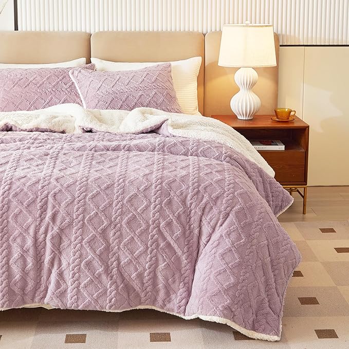 Joyreap 3-Piece Fluffy Faux Fur Sherpa Comforter Set Purple, Queen Size Luxury Tufted Bedding Comforter Set, All Season Soft n Cozy Plush Comforter Bed Set- 88x88 inches