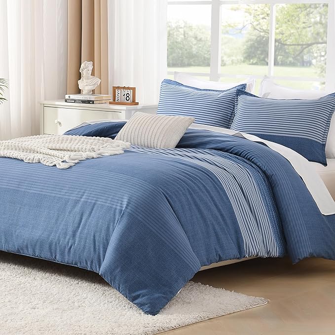 Litanika Comforter Set King Size Sapphire Blue - 3 Pieces Lightweight Sapphire Blue White Colorblock Stripe Fluffy Bedding Comforter Sets, All Season Bed Set
