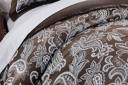 Chezmoi Collection Tuscany 7-Piece Blue Brown Paisley Floral Jacquard Comforter Bedding Set, Queen Size