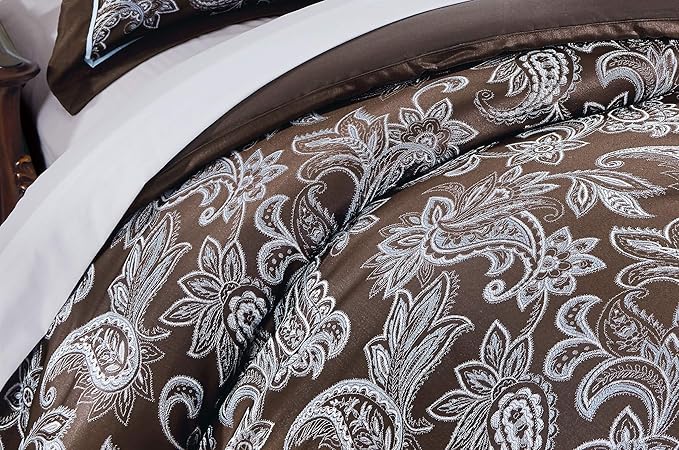Chezmoi Collection Tuscany 7-Piece Blue Brown Paisley Floral Jacquard Comforter Bedding Set, King Size